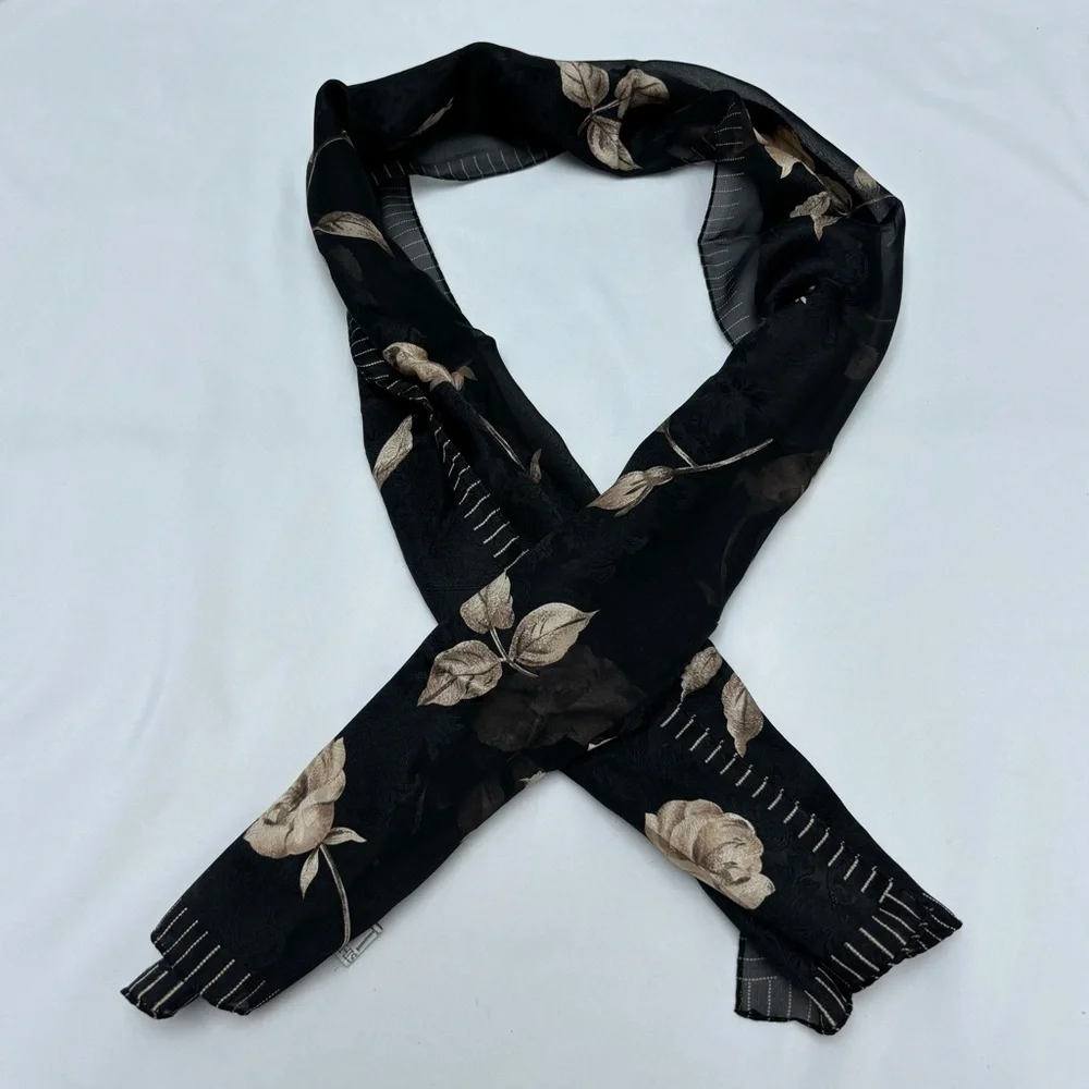 Vintage 100% Silk Black and Tan Floral Scarf